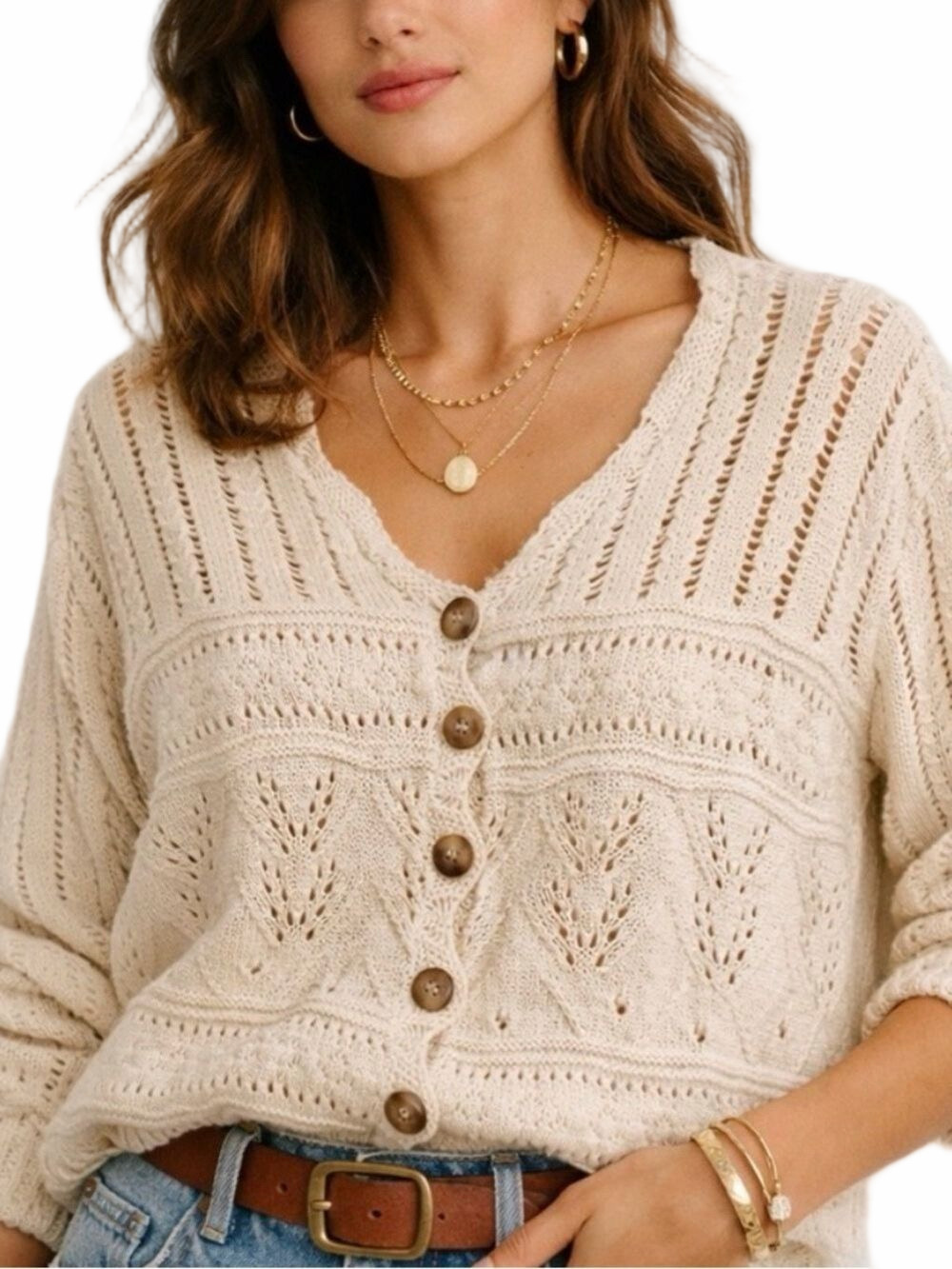 306.Cream Button-Front Crochet Knit Cardigan Sweater